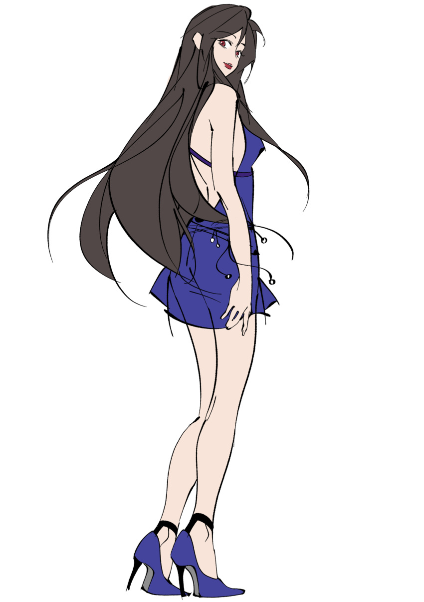 1girl, absurdres, bare_arms, bare_shoulders, black_hair, blue_dress, blue_footwear, blue_negligee