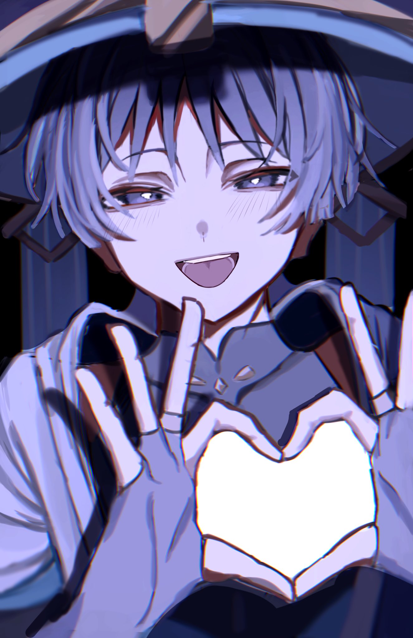 1boy, 4-finger_heart_hands, aqua_sleeves, blue_hat, blunt_ends, bridal_gauntlets, bright_pupils, covered_collarbone, genshin_impact, gold_ring, half-closed_eyes, hat, heart, heart_hands, highres, hole_in_chest, hole_on_body, japanese_clothes, jingasa, kimono, layered_sleeves, light_blush, looking_at_viewer, male_focus, mandarin_collar, middle_ring, milk3_252, open_clothes, open_kimono, purple_hair, scaramouche_(genshin_impact), short_sleeves, shoulder_peek, smile, solo, teeth, tongue, upper_body, violet_eyes, wanderer_(genshin_impact), white_kimono, white_pupils, white_sleeves