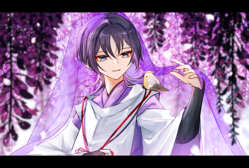 1boy, animal_on_shoulder, armor, bird, bird_on_shoulder, black_border, black_hair, blue_eyes