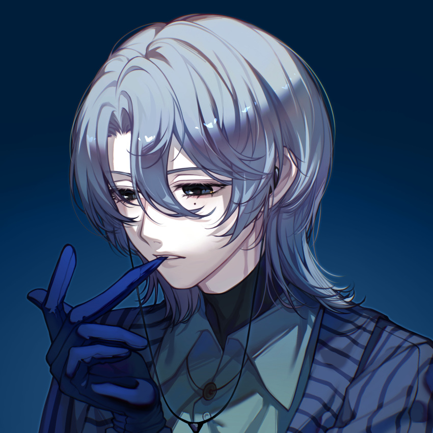 1boy, aqua_shirt, biting, biting_glove, blue_background, blue_eyes, blue_gloves, blue_hair