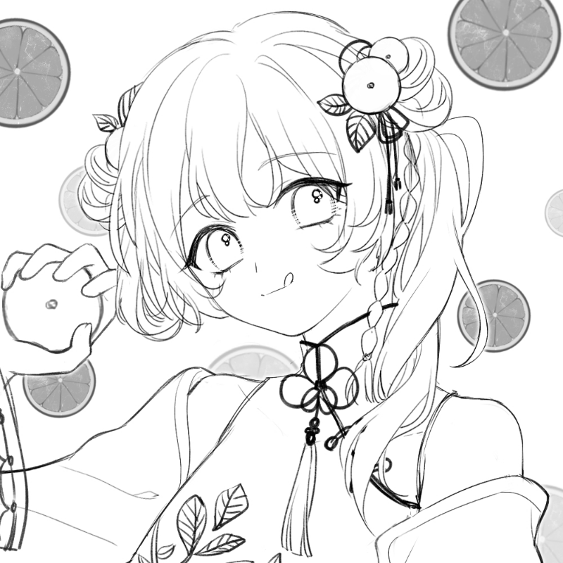 1girl, :q, animated, animated_gif, asymmetrical_hair, black_robe, braid, brown_hair, china_dress, chinese_clothes, chinese_commentary, closed_mouth, collared_dress, commentary_request, commission, dated_commentary, dongtian_min, double_bun, dress, eyelashes, flower_knot, food, food-themed_hair_ornament, fruit, fruit_background, fruit_hat_ornament, hair_bun, hair_ornament, hair_over_shoulder, hair_ribbon, high_collar, holding, holding_food, holding_fruit, leaf, light_blush, light_particles, long_hair, long_sleeves, looking_at_viewer, making-of, nail_polish, neck_tassel, orange_(fruit), orange_background, orange_eyes, orange_hair_ornament, orange_nails, orange_slice, original, outline, red_ribbon, ribbon, robe, sample_watermark, side_braid, side_ponytail, single_bare_shoulder, sleeveless, sleeveless_dress, smile, solo, teeth, tongue, tongue_out, too_many_watermarks, upper_teeth_only, watermark, white_dress, white_outline