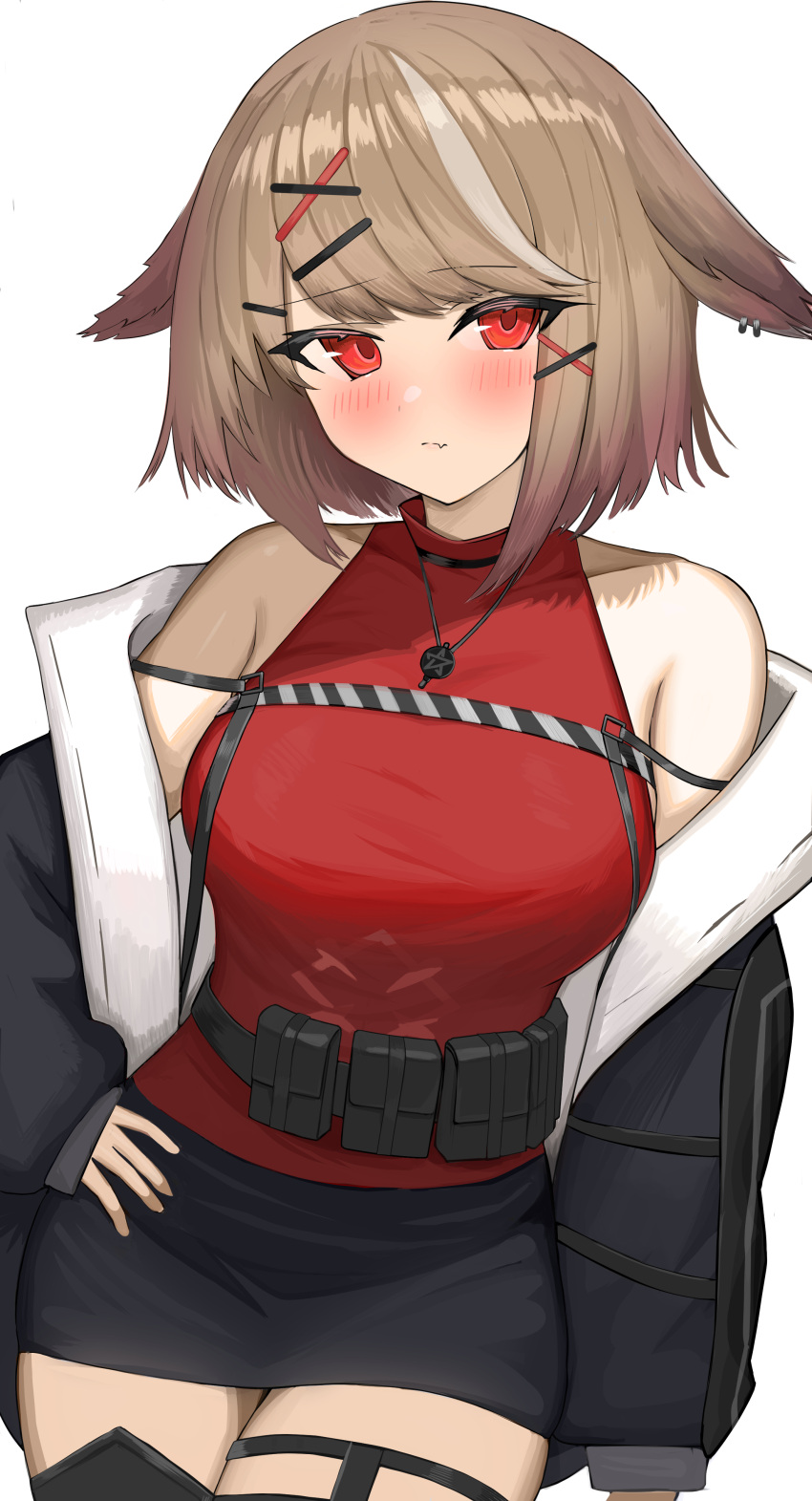 1girl, absurdres, animal_ear_piercing, animal_ears, arknights, arm_at_side, bare_shoulders, belt