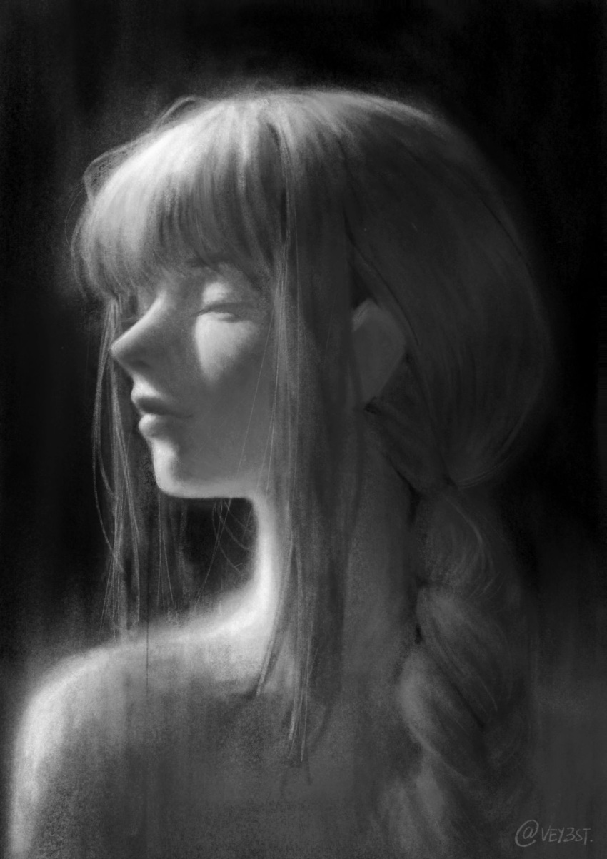 1girl, artist_name, black_background, braid, chainsaw_man, closed_eyes, greyscale, highres