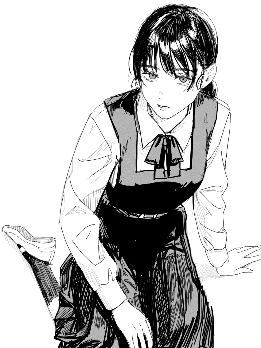 1girl, chainsaw_man, collared_shirt, dress, fourth_east_high_school_uniform, greyscale, highres, ikanyoikanikan, long_sleeves, looking_at_viewer, mitaka_asa, monochrome, neck_ribbon, open_mouth, ribbon, school_uniform, shirt, solo