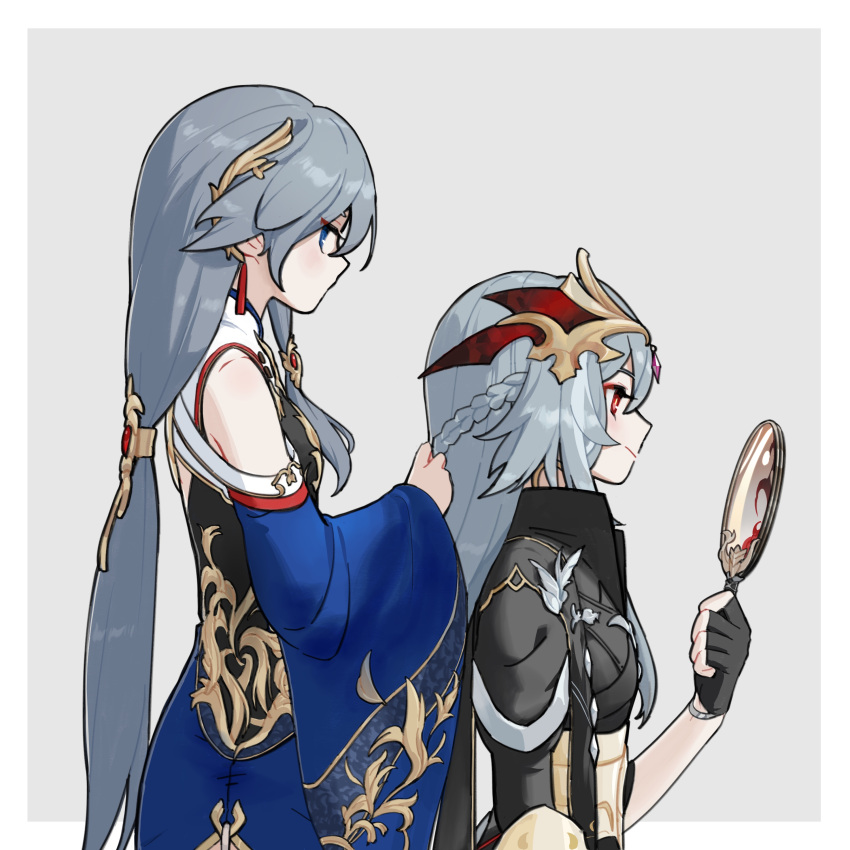 2girls, absurdres, adjusting_another's_hair, adjusting_hair, back_cutout, bare_shoulders, belt, black_dress, black_gloves, black_hanfu, blue_dress, blue_eyes, blue_hair, border, braid, braiding_hair, breasts, china_dress, chinese_clothes, chinese_commentary, closed_mouth, clothing_cutout, commentary_request, dress, dual_persona, eyeliner, fingerless_gloves, from_side, fu_hua, fu_hua_(blue_swallow), fu_hua_(herrscher_of_sentience), fu_hua_(valkyrie_accipiter), gloves, grey_background, grey_hair, hair_between_eyes, hair_ornament, hairdressing, half_up_braid, hand_mirror, hanfu, highres, holding, holding_another's_hair, holding_mirror, honkai_(series), honkai_impact_3rd, jewelry, long_hair, long_sleeves, looking_at_another, looking_at_mirror, low-tied_long_hair, low_ponytail, makeup, mirror, multicolored_hair, multiple_girls, official_alternate_costume, outside_border, ponytail, profile, rafaelaaa, red_eyeliner, red_eyes, red_rope, rope, simple_background, sleeveless, small_breasts, smile, streaked_hair, two-tone_hair, very_long_hair, white_border, white_hair, wide_sleeves, yellow_belt, yellow_pupils