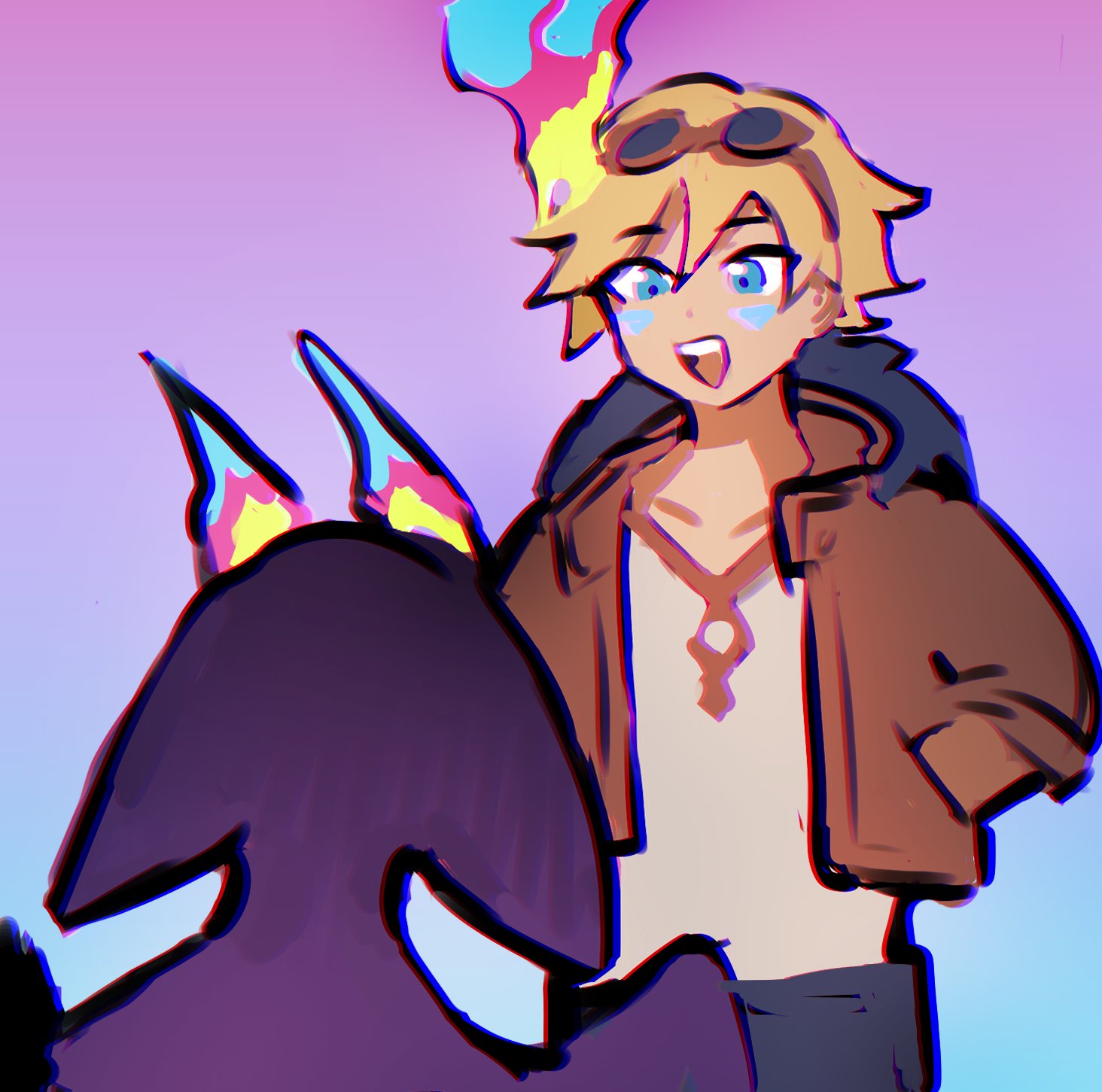1boy, blonde_hair, blue_eyes, brown_jacket, burning, burning_hair, cowboy_shot, cropped_jacket