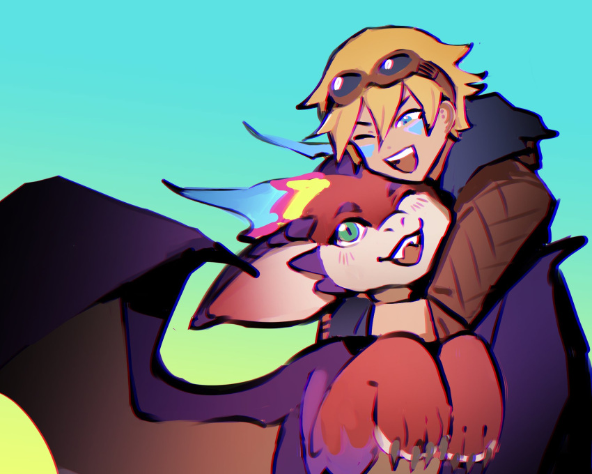 1boy, blonde_hair, blue_background, blue_eyes, brown_jacket, dragon, english_commentary, ezreal