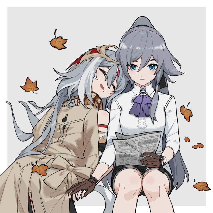 2girls, absurdres, ascot, autumn_leaves, black_nails, black_shorts, blue_eyes, border