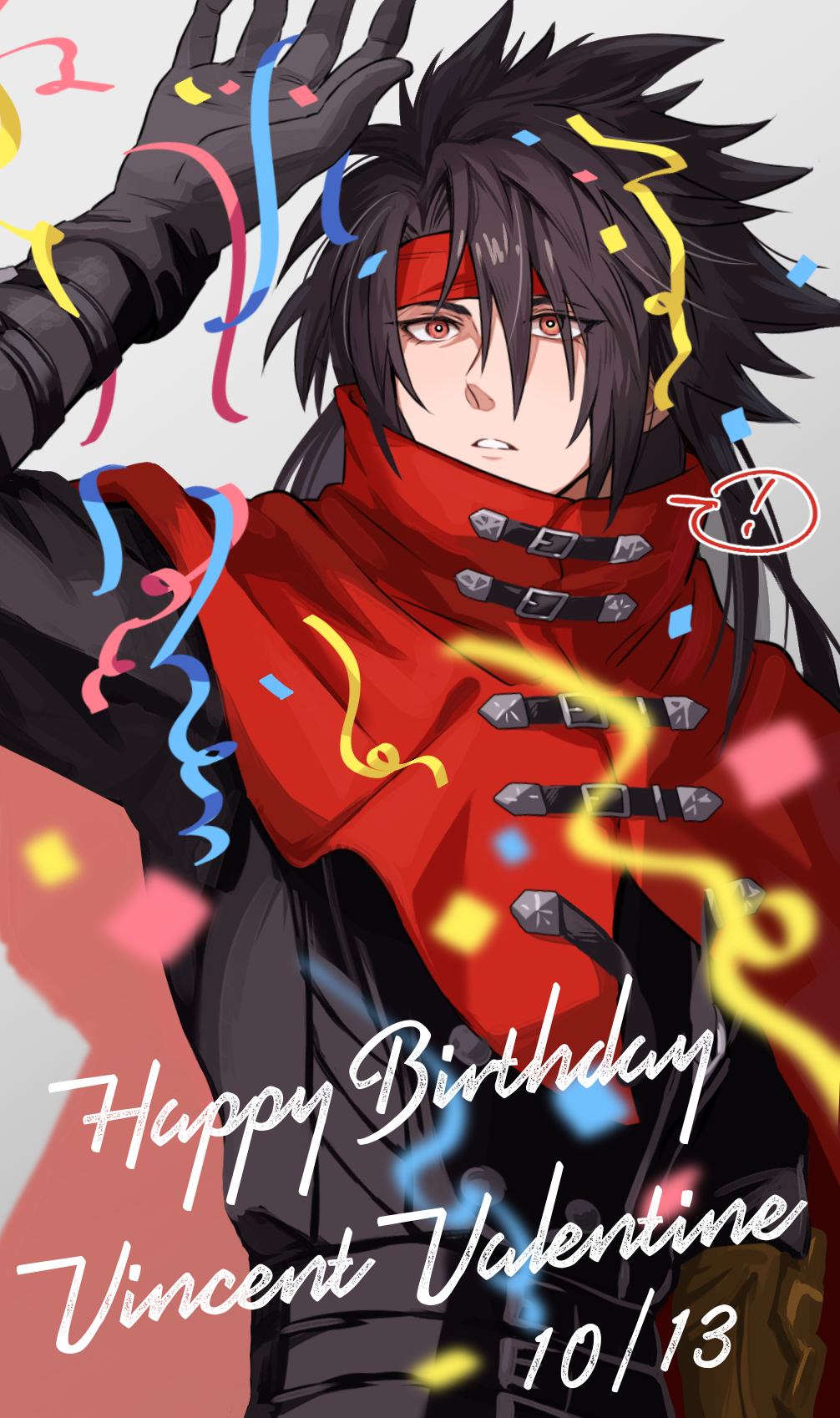 !, 1boy, arm_up, az_(pixiv_108058292), birthday, black_gloves, black_hair, black_jacket