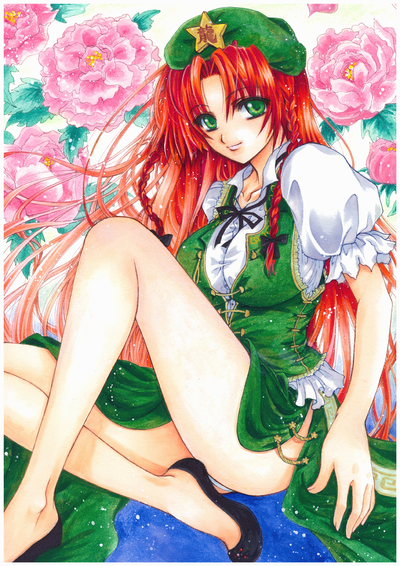braid, chinese_clothes, flower, green_eyes, hat, hong_meiling, legs, long_hair