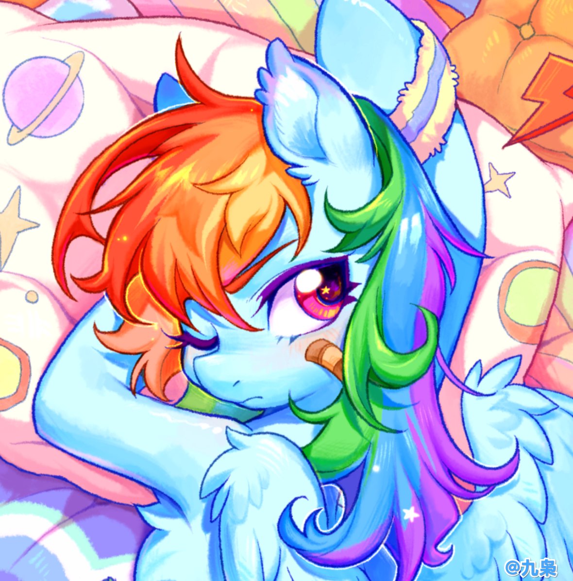 animal, animal_focus, bandaid, bandaid_on_face, blue_fur, blush, commentary, feathered_wings
