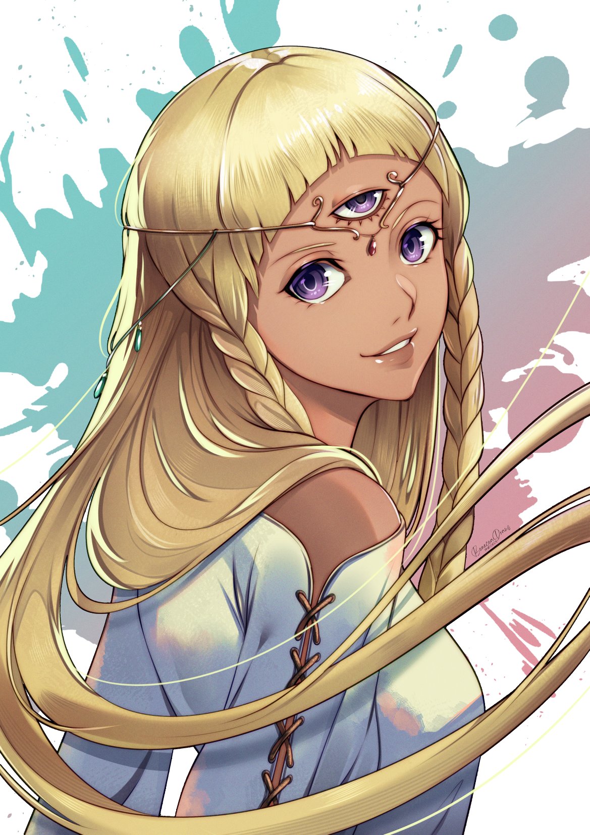 1girl, beneceadraws, blonde_hair, braid, dark-skinned_female, dark_skin, dress, eupha_(metaphor:_refantazio), floating_hair, hair_ornament, highres, long_hair, long_sleeves, looking_at_viewer, metaphor:_refantazio, simple_background, smile, solo, third_eye, triclops, twin_braids, violet_eyes, white_background, white_dress