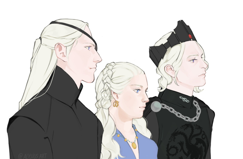 1girl, 2boys, a_song_of_ice_and_fire, aegon_ii_targaryen, aemond_targaryen, alysius_art, black_coat, black_crown, blue_dress, blue_eyes, braid, brother_and_sister, brothers, chain, coat, collar, crown, crown_braid, dragon, dragon_print, dress, earrings, expressionless, eyepatch, facing_to_the_side, gem, gold_earrings, gold_necklace, helaena_targaryen, high_collar, highres, hoop_earrings, house_of_the_dragon, jewelry, long_hair, looking_to_the_side, medium_hair, multiple_boys, multiple_earrings, necklace, red_gemstone, siblings, sigil, violet_eyes, white_hair