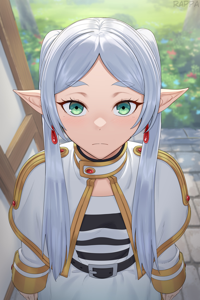 1girl, absurdres, blurry, blurry_background, capelet, commentary, earrings, elf