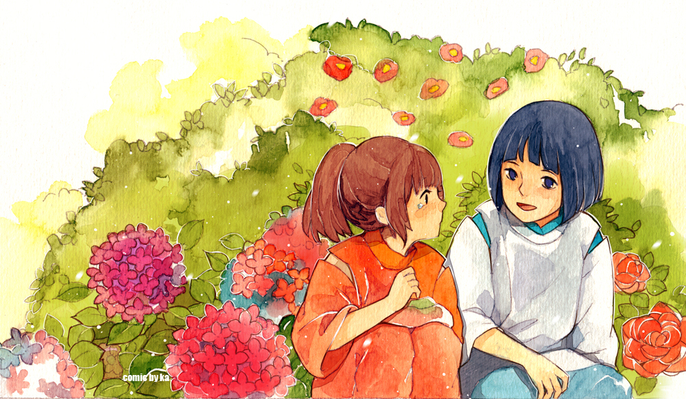 blue_hair, brown_hair, child, flower, ghibli, haku, haku_(spirited_away), hydrangea