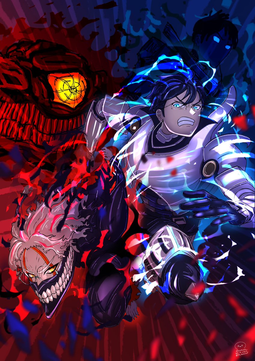2boys, alternate_costume, alternate_form, black_hair, blue_aura, blue_eyes, boku_no_hero_academia, facial_mark, glasses, iida_tenya, lllokkk1128, mask, mouth_mask, multiple_boys, red_aura, round_eyewear, running, takakura_ken_(dandadan), tall_hair, white_hair, yellow_eyes