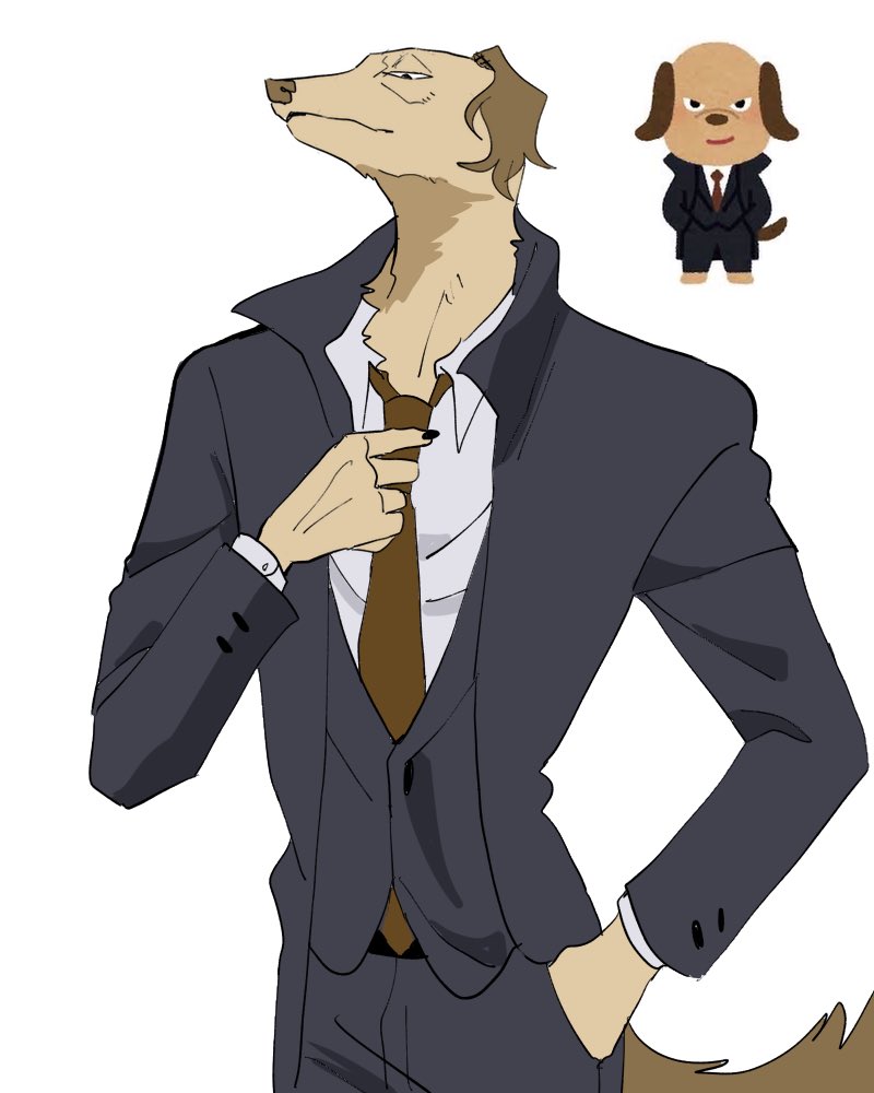 1boy, adjusting_clothes, adjusting_necktie, arm_up, black_pants, black_suit, brown_fur, brown_necktie, buttoned_cuffs, buttons, collared_jacket, collared_shirt, commentary_request, cowboy_shot, dog, furry, furry_male, irasutoya, irasutoya_challenge, jacket, layered_sleeves, long_sleeves, looking_down, male_focus, necktie, pants, popped_collar, reference_inset, riseidokokana, shirt, simple_background, solo, suit, suit_jacket, tail, white_background, white_shirt, wing_collar