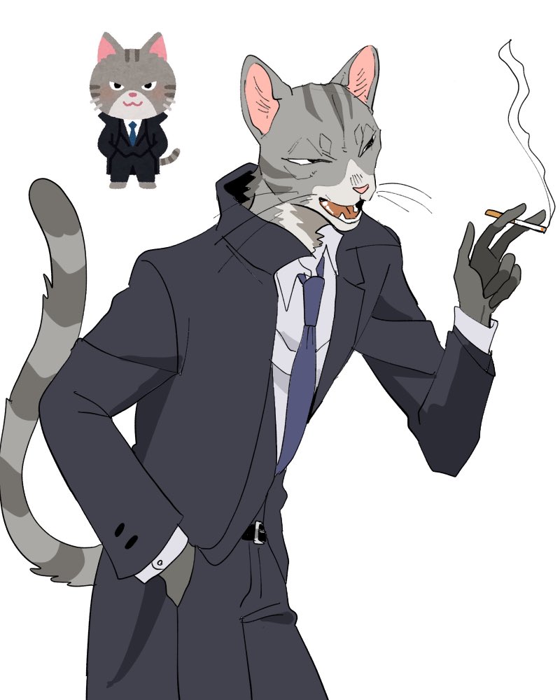1boy, arm_up, belt, belt_buckle, black_belt, black_pants, black_suit, buckle, buttoned_cuffs, buttons, cat, cigarette, collared_shirt, commentary_request, cowboy_shot, fangs, furry, holding, holding_cigarette, irasutoya, irasutoya_challenge, jacket, layered_sleeves, long_sleeves, male_focus, narrowed_eyes, open_mouth, pants, reference_inset, riseidokokana, shirt, simple_background, smoke, smoke_trail, solo, suit, suit_jacket, tabby_cat, teeth, tongue, white_background, white_shirt, wing_collar