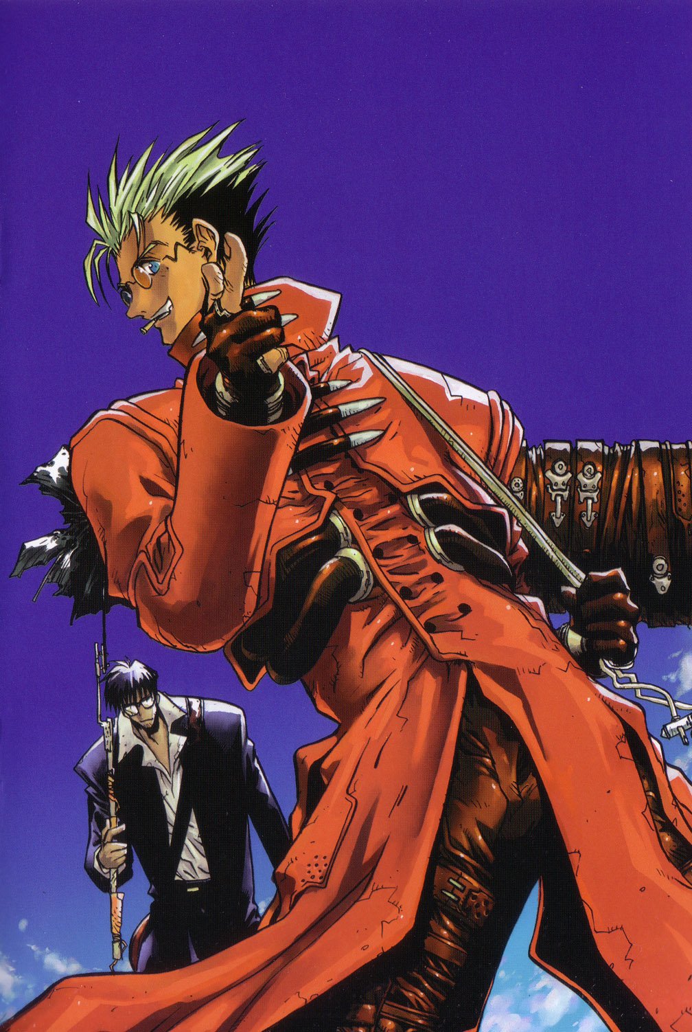 2boys, black_hair, black_suit, blonde_hair, coat, fingerless_gloves, gloves, highres, mole, mole_under_eye, multicolored_hair, multiple_boys, naitou_yasuhiro, nicholas_d._wolfwood, official_art, red_coat, round_eyewear, scan, spiky_hair, suit, trigun, trigun_maximum, two-tone_hair, vash_the_stampede