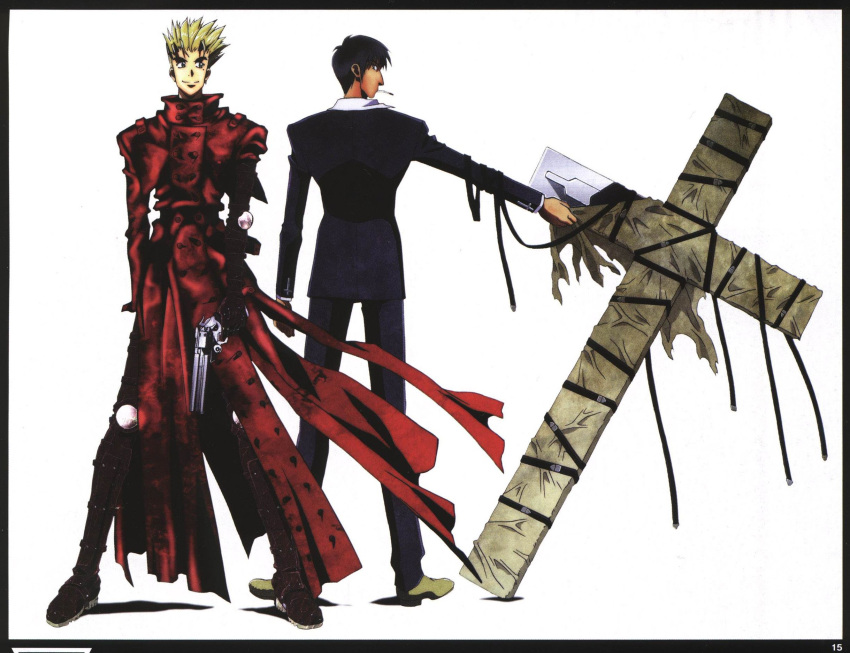 2boys, black_hair, black_suit, blonde_hair, cigarette, coat, cross_punisher, gun