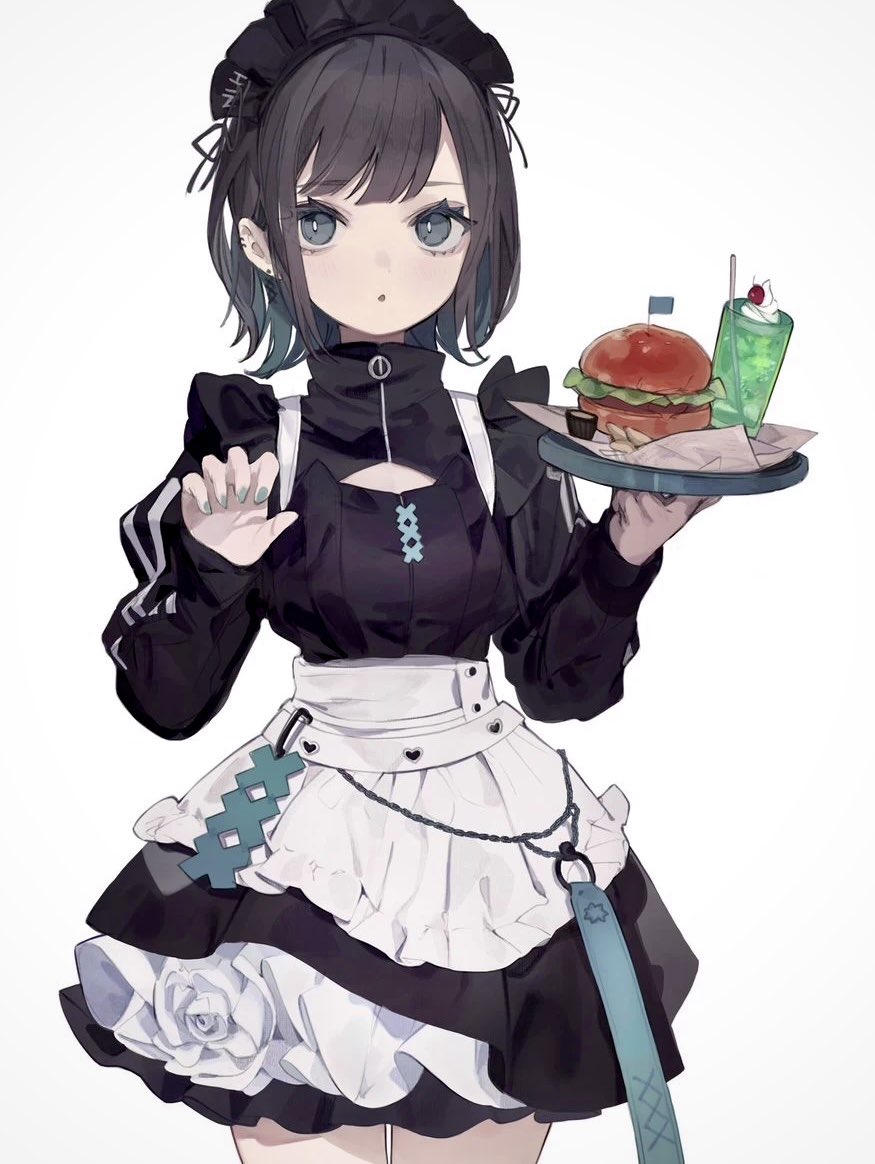 :o, apron, belt, black_hair, blue_eyes, blue_hair, burger, cherry