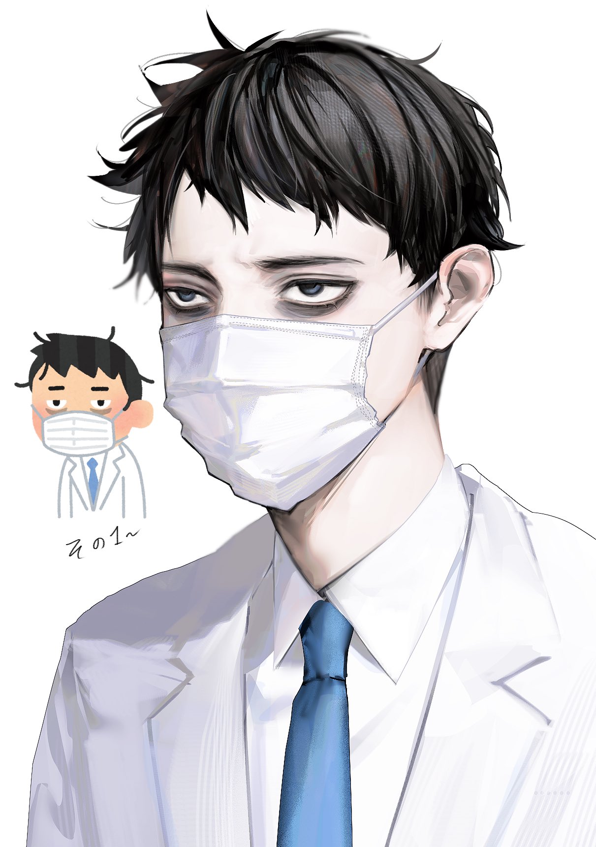 1boy, bags_under_eyes, black_hair, blue_eyes, blue_necktie, coat, collared_shirt, commentary_request
