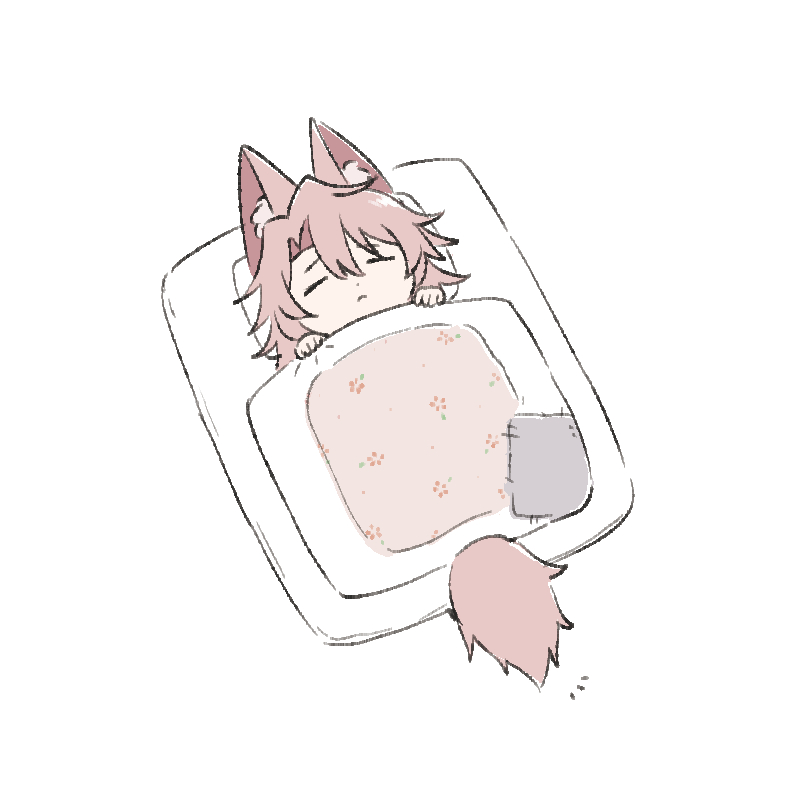 1boy, am_starrail, animal_ear_fluff, animal_ears, chibi, closed_eyes, fox_boy, fox_ears, fox_tail, full_body, futon, honkai:_star_rail, honkai_(series), jiaoqiu_(honkai:_star_rail), lying, male_focus, on_back, pink_hair, simple_background, sleeping, solo, tail, under_covers, white_background