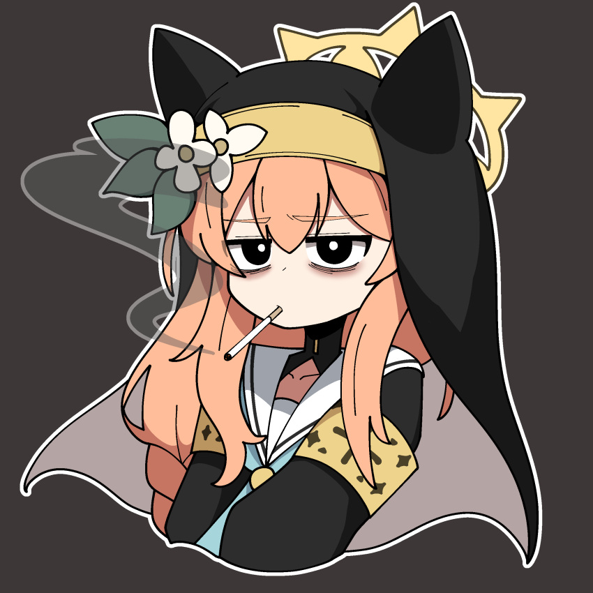 1girl, absurdres, animal_ear_headwear, animal_ears, bags_under_eyes, black_background, black_eyes, blue_archive
