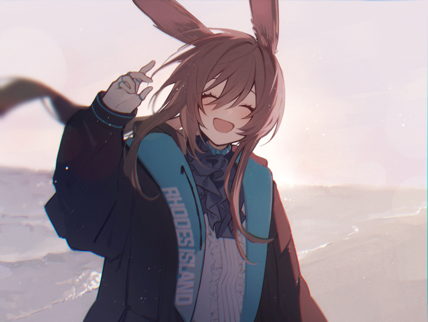 1girl, :d, ^_^, amiya_(arknights), animal_ears, arknights, ascot, black_ascot