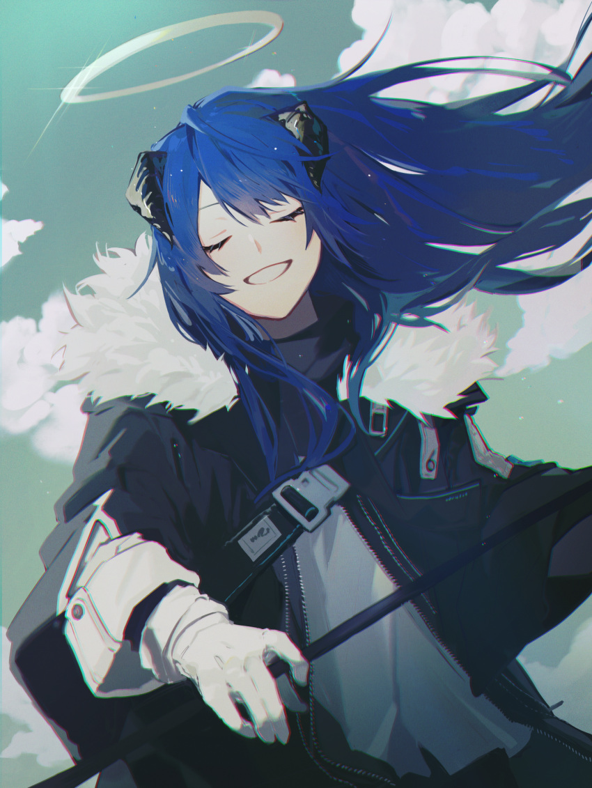 1girl, arknights, black_jacket, blue_hair, closed_eyes, clouds, commentary, comugikun, facing_viewer, fur-trimmed_jacket, fur_trim, gloves, grey_shirt, grin, halo, highres, horns, jacket, long_hair, long_sleeves, mostima_(arknights), shirt, smile, solo, upper_body, white_gloves