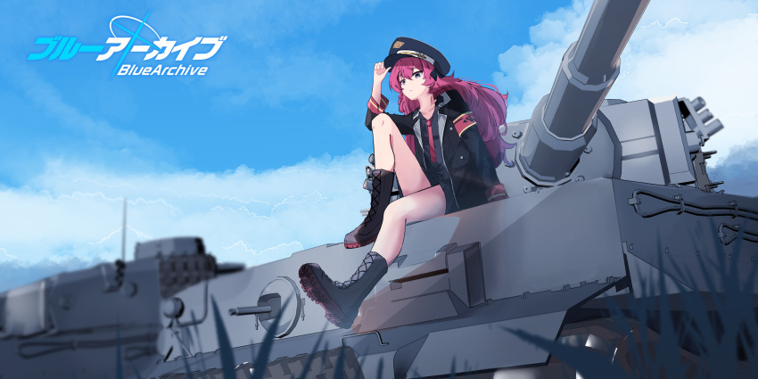 1girl, absurdres, armband, black_eyes, black_footwear, black_hat, black_jacket, black_shirt, blue_archive, blue_sky, boots, c4t_(c4t004), closed_mouth, clouds, collarbone, commentary, english_text, frown, full_body, hat, highres, iroha_(blue_archive), jacket, lapels, logo, military_vehicle, motor_vehicle, necktie, notched_lapels, pink_hair, red_armband, red_necktie, shirt, sitting, sky, solo, tank