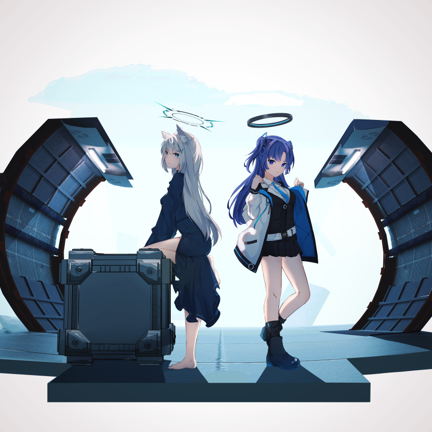2girls, absurdres, animal_ear_fluff, animal_ears, barefoot, black_dress, black_footwear, black_halo