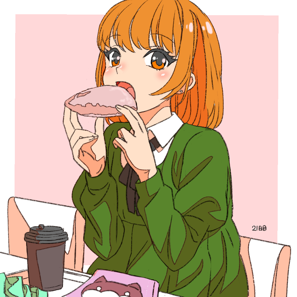 1girl, ascot, black_ascot, blush, border, chair, chocolate_pie, collared_dress, cup, disposable_coffee_cup, disposable_cup, dress, earrings, eating, food, green_dress, hands_up, holding, holding_food, jewelry, long_sleeves, looking_at_viewer, medium_hair, nabe_(000_nato528), orange_eyes, orange_hair, original, outside_border, pink_background, simple_background, sitting, solo, stud_earrings, table, tray, white_border