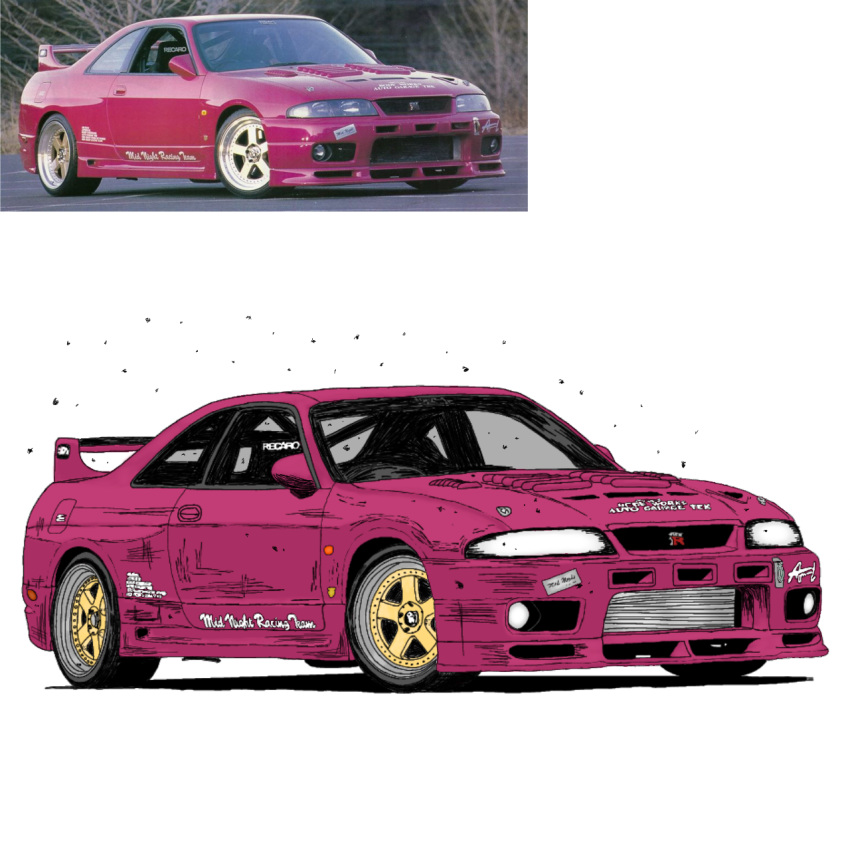 car, english_commentary, h4f1z-nfs, highres, midnight_club_(street_racing), motor_vehicle, nissan, nissan_skyline, nissan_skyline_gt-r, nissan_skyline_r33, no_humans, photo-referenced, pink_car, reference_inset, shadow, simple_background, spoiler_(automobile), vehicle_focus, white_background