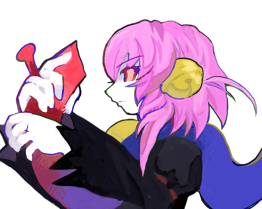 1girl, 8eyes, bell, colored_skin, frown, hair_ornament, magentagirl_(8eyes), pink_hair