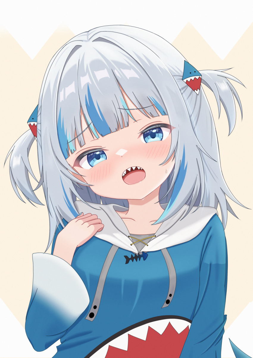 1girl, artexyan, blue_eyes, blunt_bangs, fins, fish_tail, gawr_gura, gawr_gura_(1st_costume), hair_ornament, hands_on_own_shoulders, highres, hololive, hololive_english, hood, hoodie, long_sleeves, looking_at_viewer, multicolored_hair, open_mouth, shark_girl, shark_tail, sharp_teeth, solo, tail, teeth, two-tone_hair, two_side_up, virtual_youtuber, white_hair, yellow_background