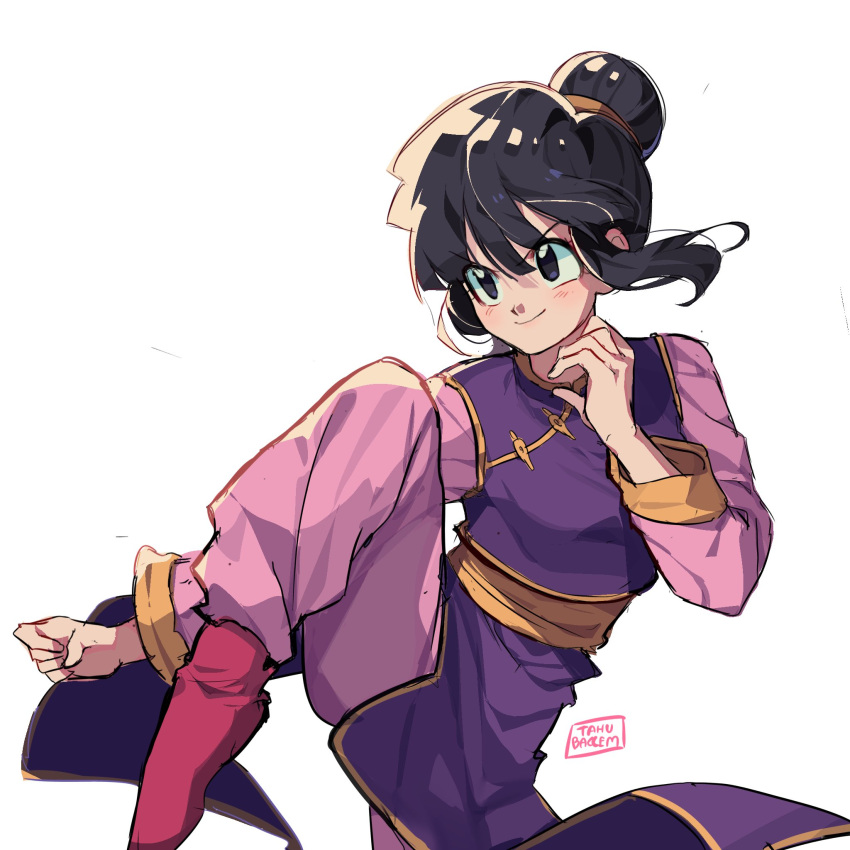 1girl, artist_name, chi-chi_(dragon_ball), china_dress, chinese_clothes, chinese_hairstyle, clenched_hand, commission