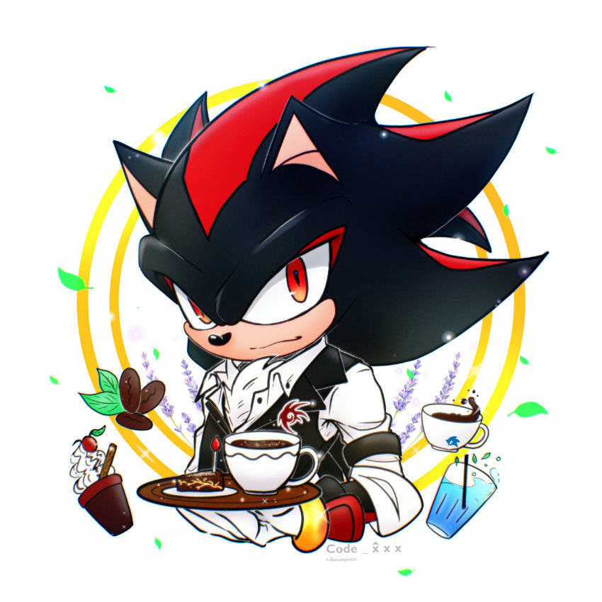 1boy, animal_ears, animal_nose, black_arms_insignia, black_vest, closed_mouth, coffee_beans, collared_shirt