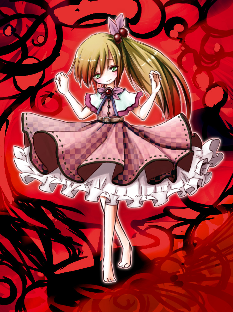 barefoot, belt, blonde_hair, cuphea, dress, original, ponytail, solo