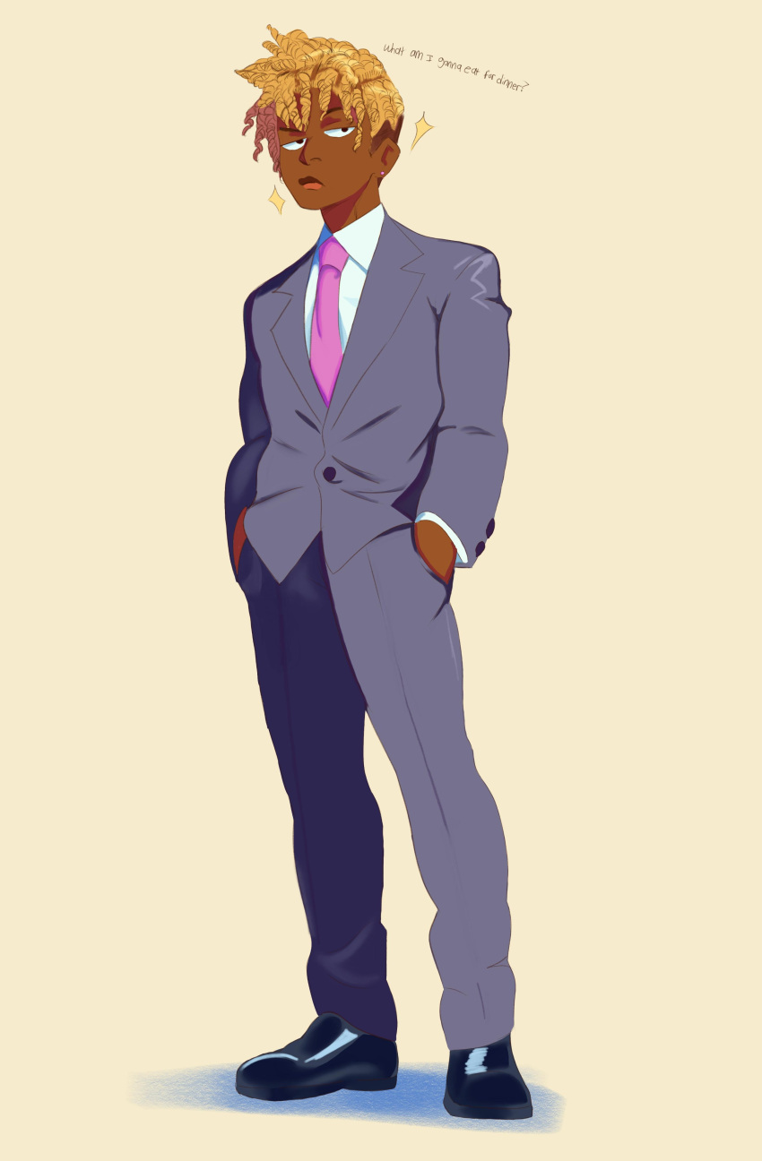 1boy, absurdres, alternate_skin_color, black_footwear, blonde_hair, collared_shirt, cornrows, dark-skinned_male
