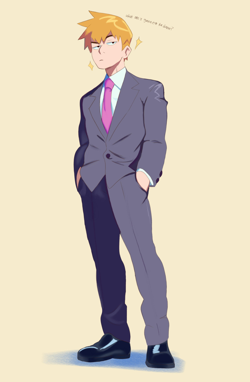 1boy, absurdres, black_footwear, blonde_hair, collared_shirt, english_commentary, english_text, frown