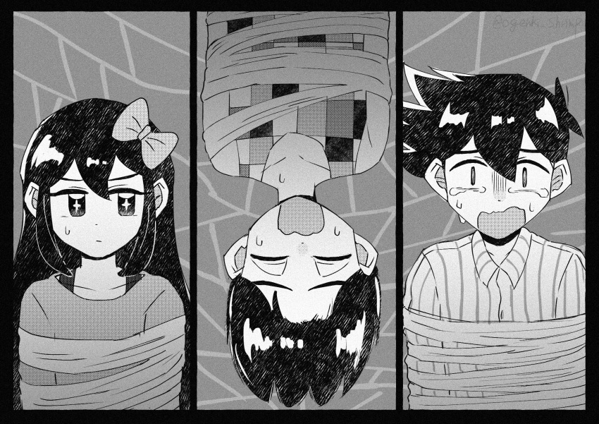 +_+, 1girl, 2boys, aubrey_(headspace)_(omori), aubrey_(omori), bow, closed_mouth, collarbone