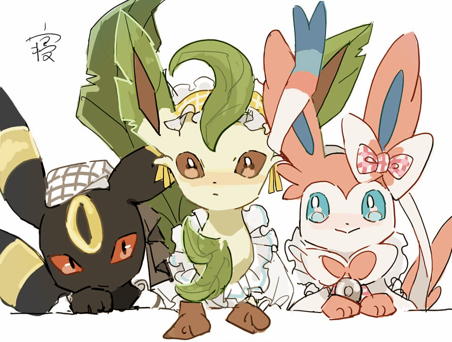 blue_eyes, blush, bow, brown_eyes, closed_mouth, colored_sclera, hat, leafeon, leafeon_(checkered), looking_at_viewer, n5947136332810, no_humans, pokemon, pokemon_(creature), pokemon_unite, red_sclera, ribbon, smile, sylveon, sylveon_(checkered), umbreon, umbreon_(checkered)