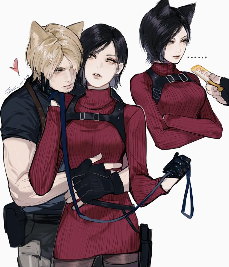 ..., 1boy, 1girl, ada_wong, animal_ears, black_gloves, black_hair, blonde_hair