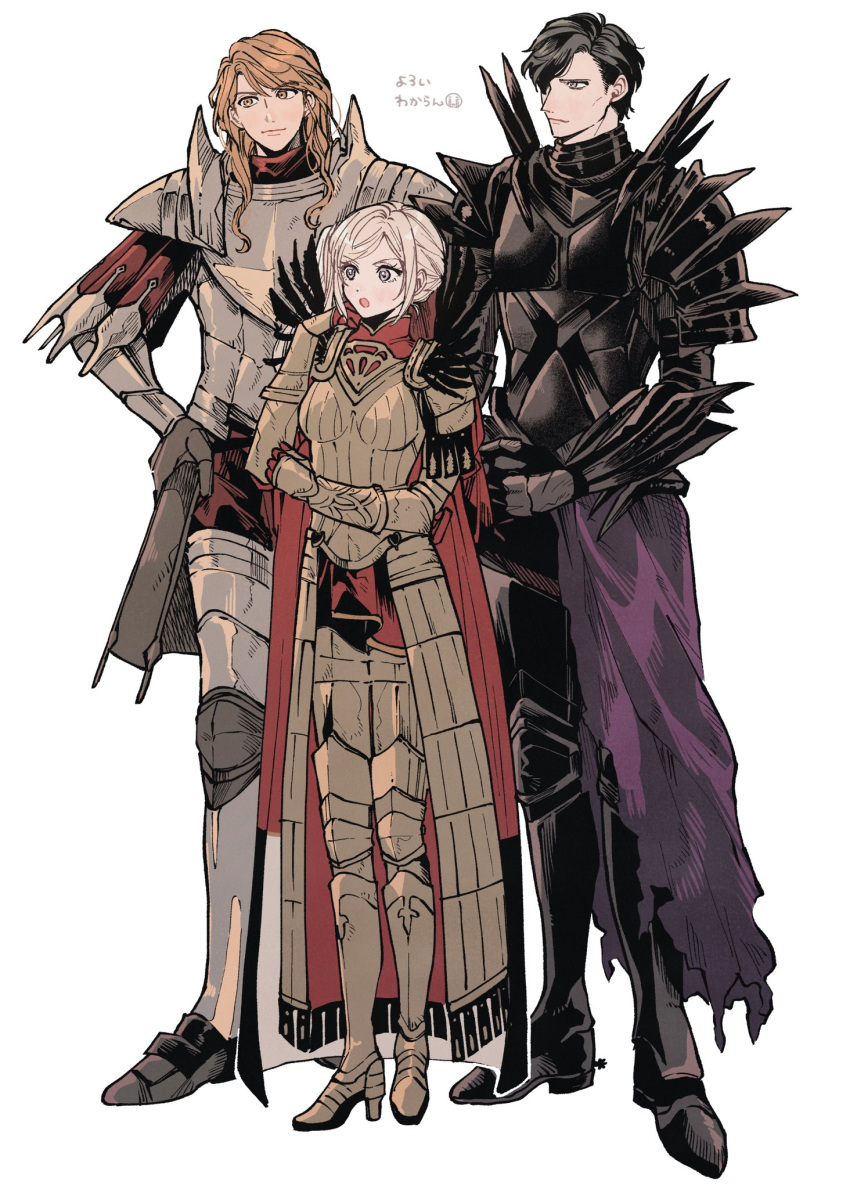 1girl, 2boys, armor, armored_boots, black_armor, black_feathers, black_hair, boots
