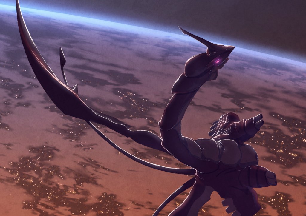 arm_cannon, dragon, dual_arm_cannons, earth_(planet), floating, glowing, glowing_eyes, horizon