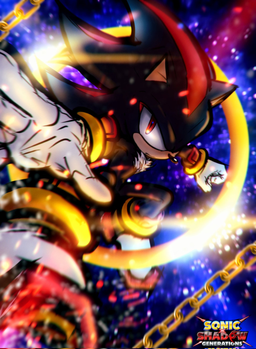 1boy, animal_ears, animal_nose, chain, chromatic_aberration, clenched_hand, closed_mouth, full_body, furry, furry_male, gloves, hashtag-only_commentary, highres, logo, looking_at_viewer, male_focus, myeolch_503, red_eyes, shadow_the_hedgehog, shoes, solo, sonic_(series), sonic_generations, sonic_x_shadow_generations