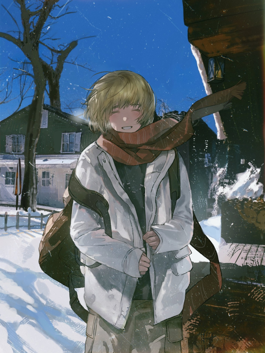 1girl, backpack, bag, bare_tree, blonde_hair, blue_sky, closed_eyes, coat