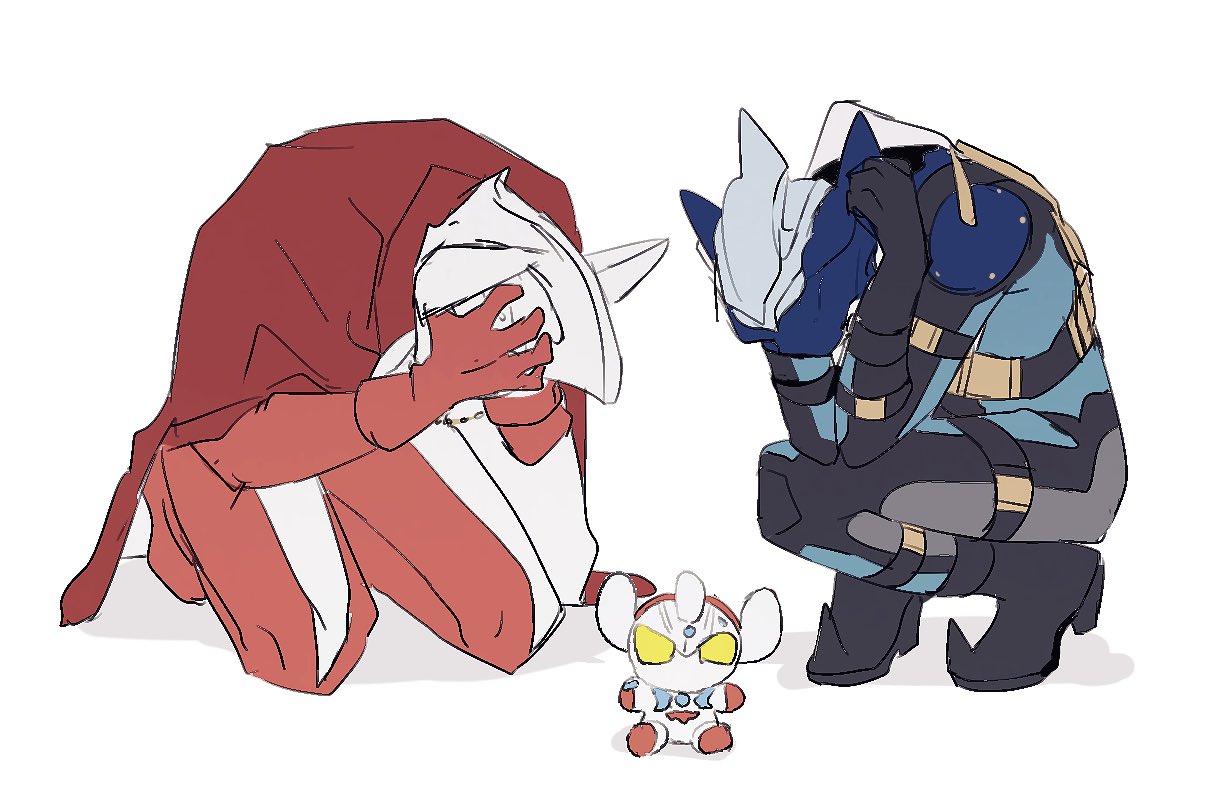3boys, arm_strap, black_footwear, black_gloves, black_skin, blue_skin, cape, character_doll