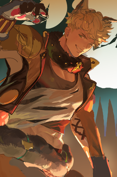 1boy, animal_costume, animal_ears, black_tank_top, blonde_hair, fur-trimmed_belt, fur_collar, granblue_fantasy